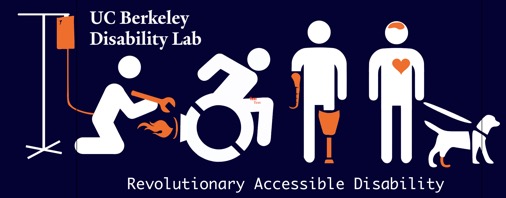 Image Description: Four figures stand in succession, each with a different disability. An IV bag is attached to the first figure, who holds a wrench and kneels next to the next figure on a wheelchair. The wheelchair has flames coming out of it and the figure appears to take off. The third figure sports a prosthetic arm and leg, while the fourth figure displays neural and coronary implants. The fourth figure holds the leash to a dog, who also has a prosthetic leg. All prosthetics pop off the page in a vibrant orange, against a dark blue background and white figures. 