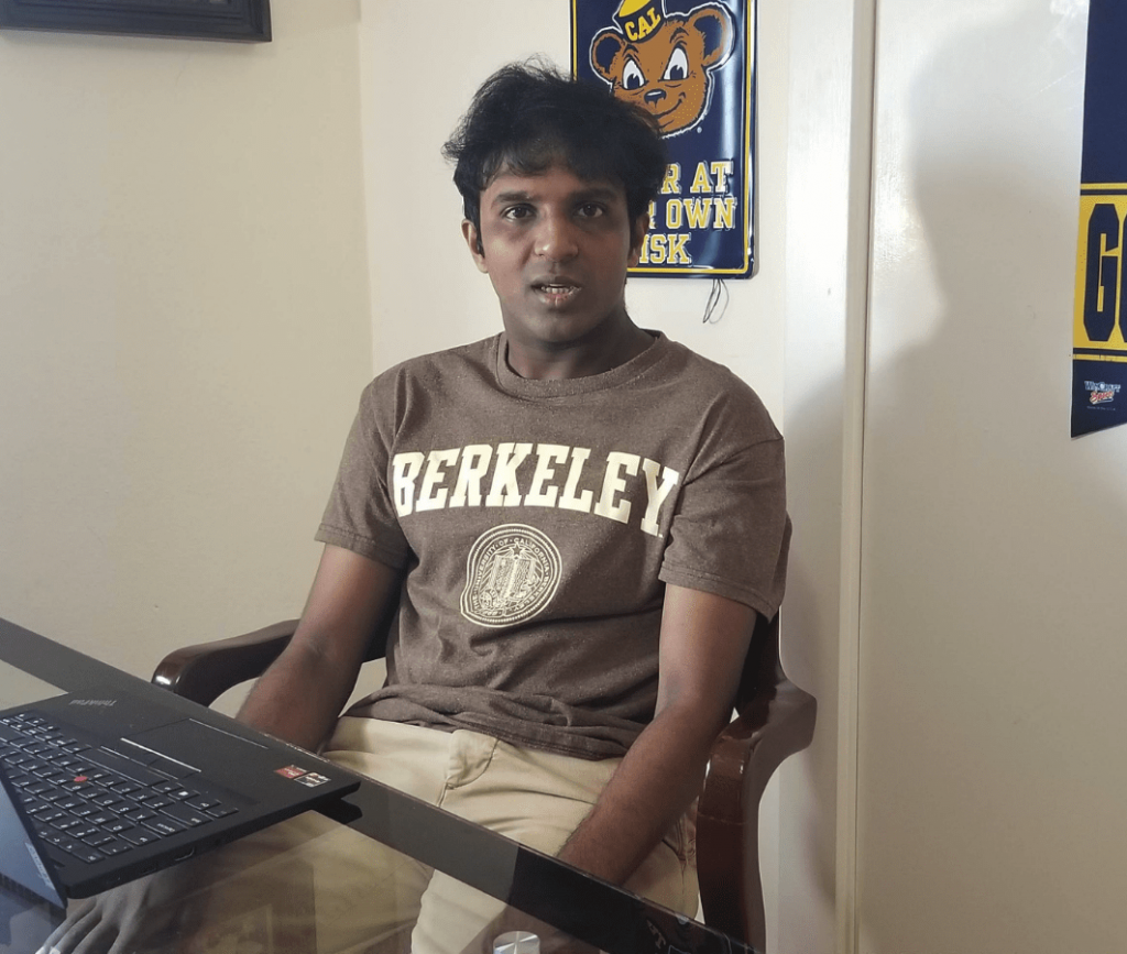 Hari Srinivasan wearing a Berkeley t-shirt